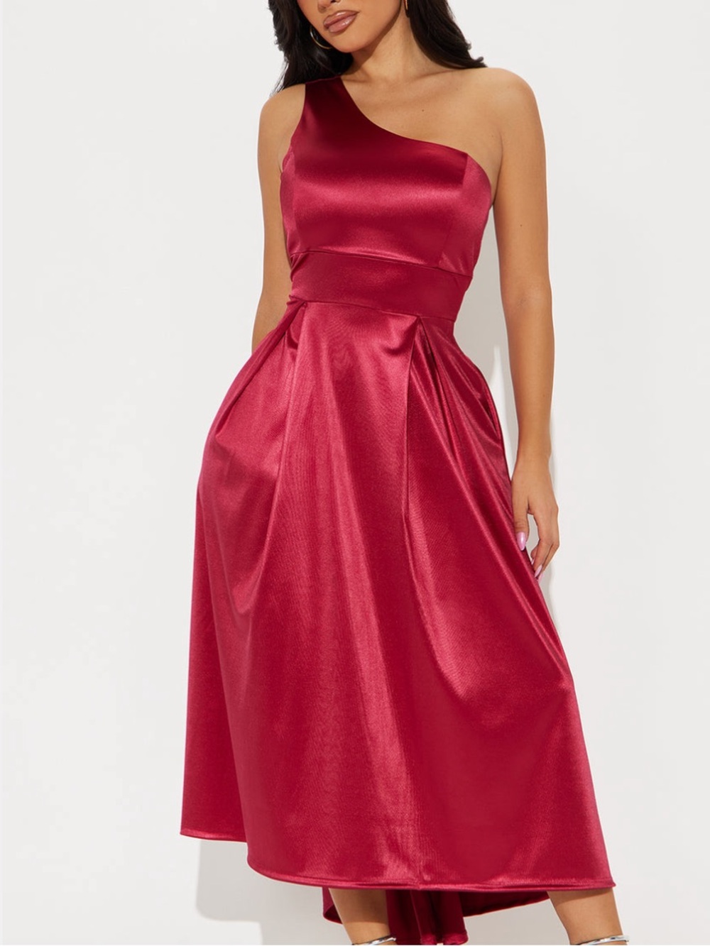 New Fashion Nova One-Shoulder Satin Midi Dress in Red Size XS